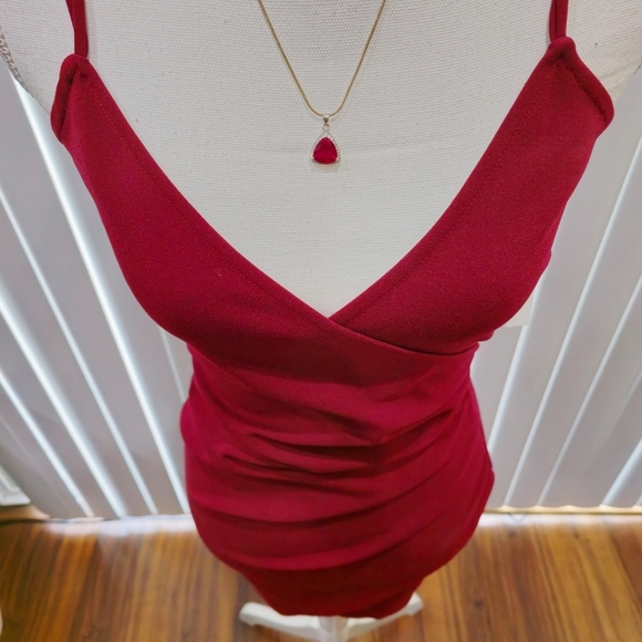Windsor ✦ Open Back Burgundy Mini Dress ✦ Asymmetrical Wrap w/ Draped Bodycon S - Picture 8 of 17